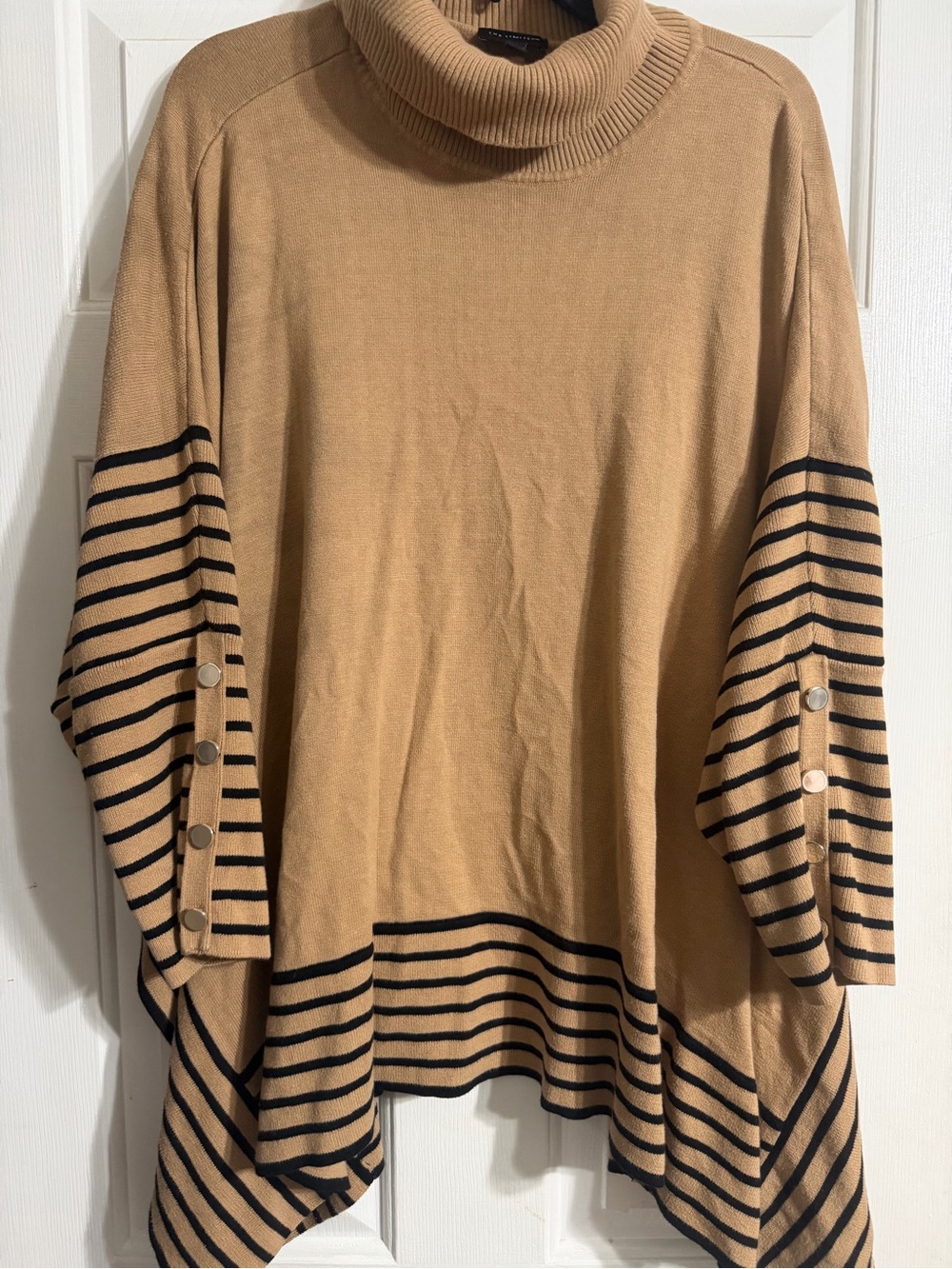 The Limited Camel and Black Striped Button-Sleeve Turtleneck Poncho